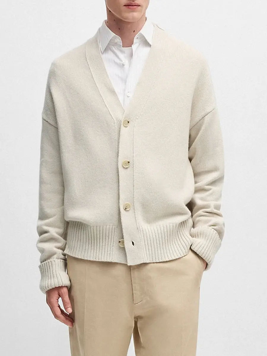 BOSS Men's Relaxed-Fit Cardigan with Button Front and Ribbed Cuffs - Open White | Thumbnail 2 BOSS Men's Relaxed-Fit Cardigan with Button Front and Ribbed Cuffs - Open White | Thumbnail 2