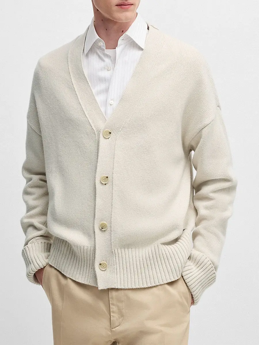 BOSS Men's Relaxed-Fit Cardigan with Button Front and Ribbed Cuffs - Open White | Thumbnail 3 BOSS Men's Relaxed-Fit Cardigan with Button Front and Ribbed Cuffs - Open White | Thumbnail 3
