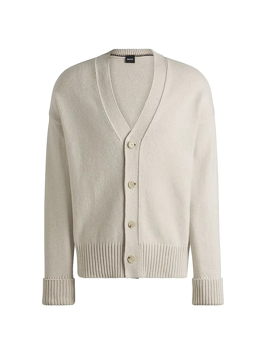 Men's Relaxed-Fit Cardigan with Button Front and Ribbed Cuffs - Open White