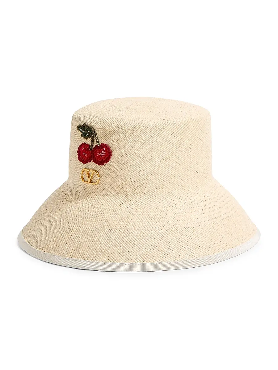 Valentino Garavani Women's VLogo Signature Straw Bucket Hat with Leather Trim - Natural Multicolor | Thumbnail 2