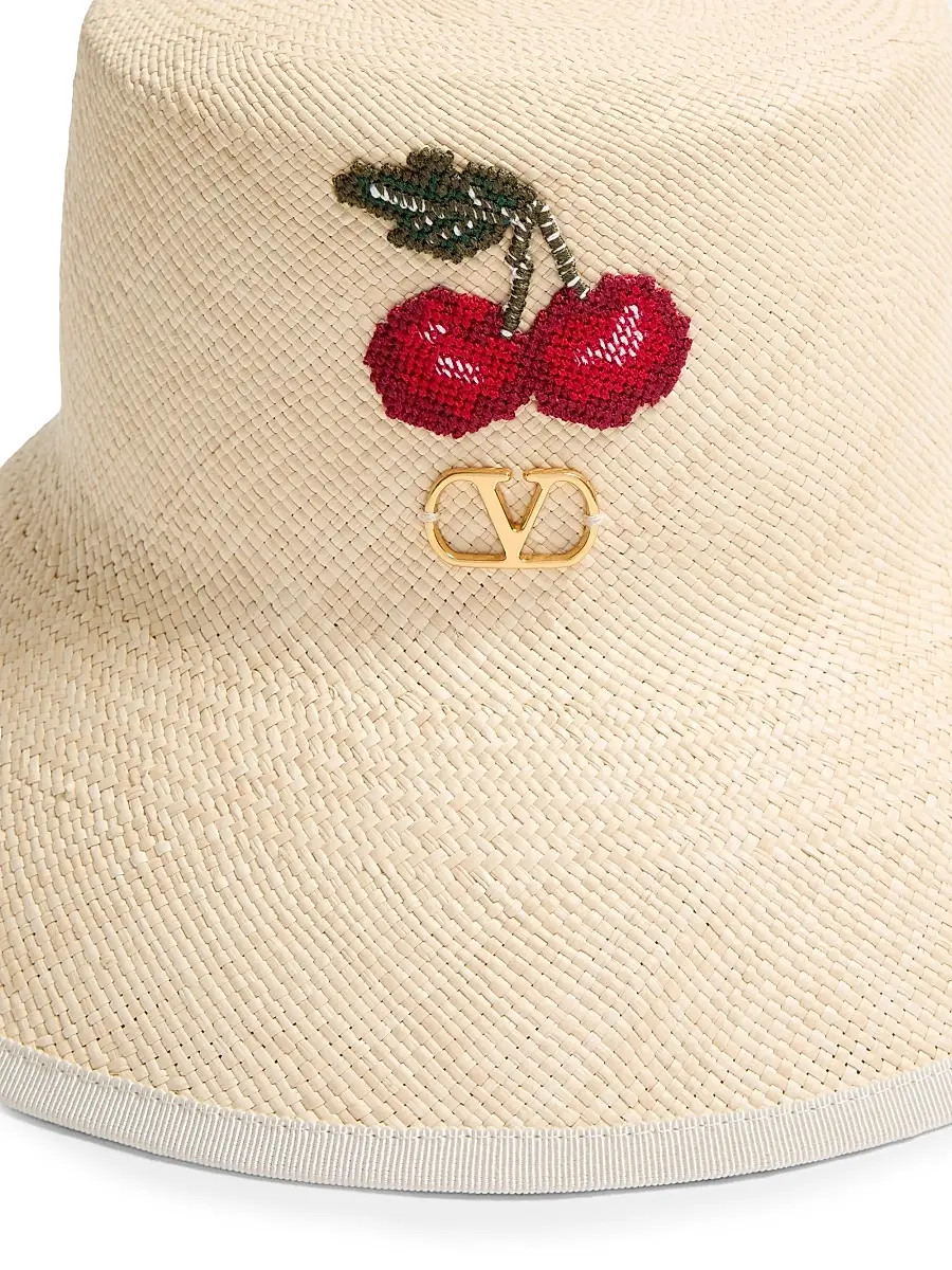 Valentino Garavani Women's VLogo Signature Straw Bucket Hat with Leather Trim - Natural Multicolor | Thumbnail 4