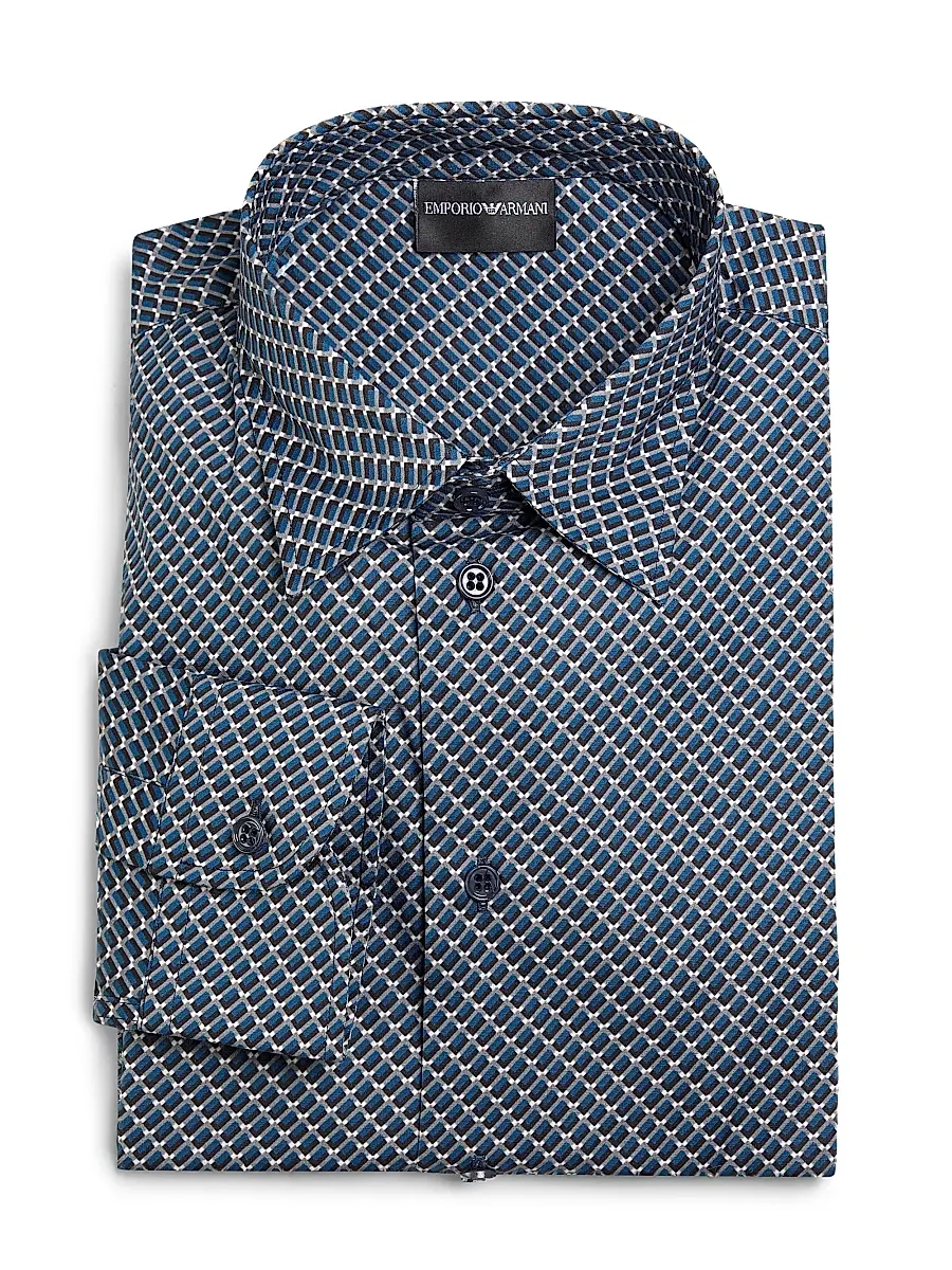 Emporio Armani Men's Printed Cotton Poplin Button-Front Shirt - Blue | Image 1 Emporio Armani Men's Printed Cotton Poplin Button-Front Shirt - Blue | Image 1