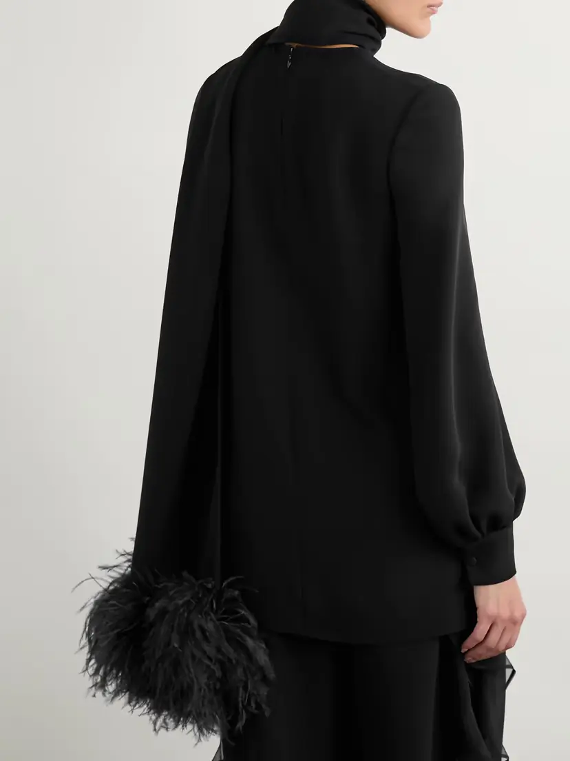 Valentino Garavani Feather-trimmed Scarf-detailed Silk Crepe De Chine Blouse | Thumbnail 3 Valentino Garavani Feather-trimmed Scarf-detailed Silk Crepe De Chine Blouse | Thumbnail 3