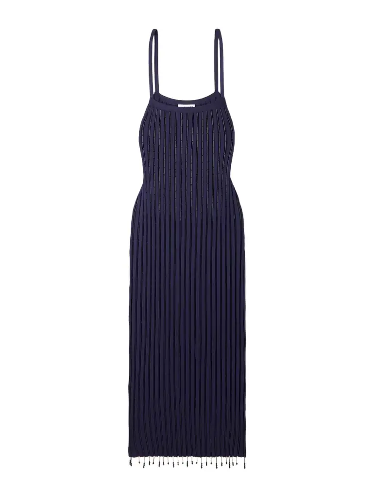Bead-embellished Ribbed-knit Maxi Dress
