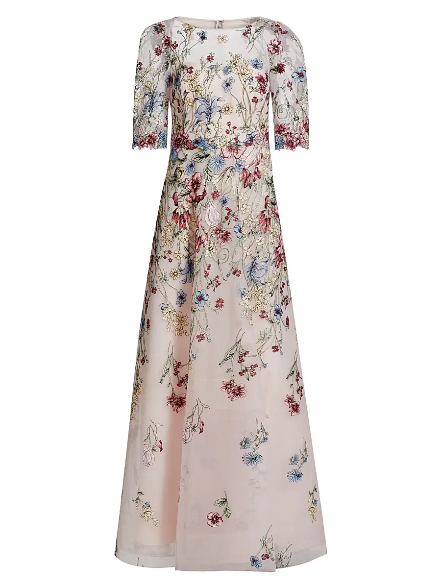 Teri Jon by Rickie Freeman Women's Floral-Embroidered Tulle A-Line Gown - Blush Multi | Image 1 Teri Jon by Rickie Freeman Women's Floral-Embroidered Tulle A-Line Gown - Blush Multi | Image 1