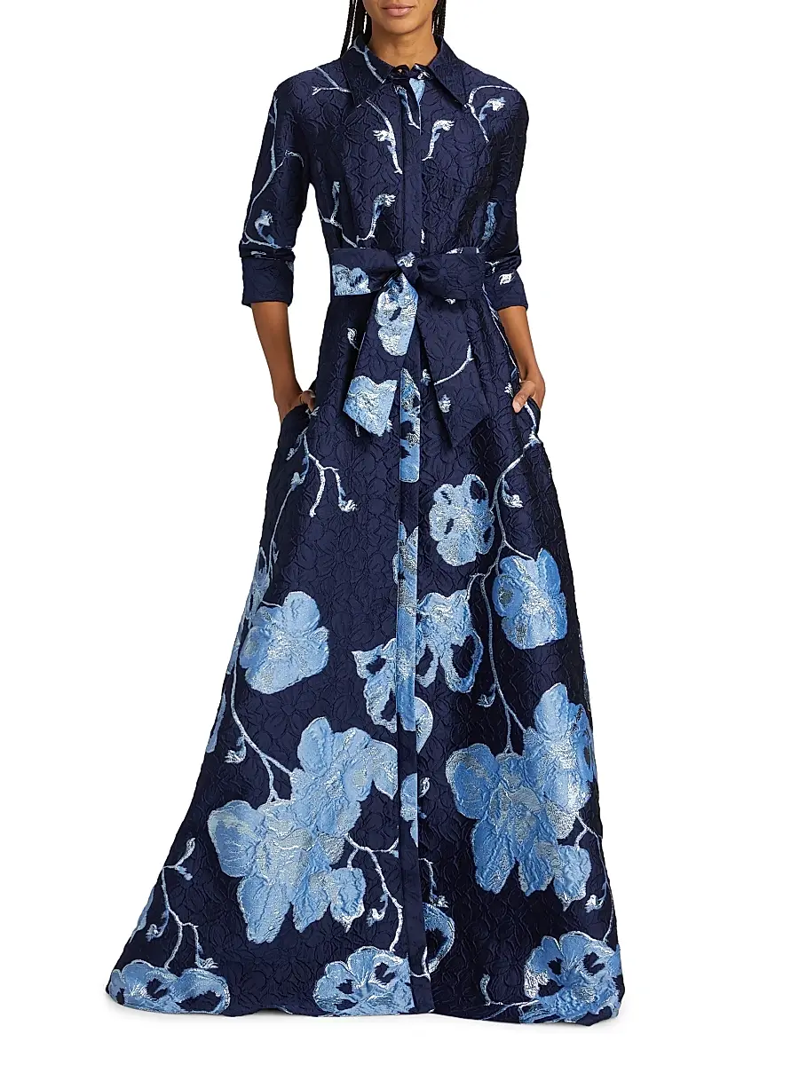 Teri Jon by Rickie Freeman Women's Metallic Jacquard Shirt Gown | Thumbnail 2 Teri Jon by Rickie Freeman Women's Metallic Jacquard Shirt Gown | Thumbnail 2