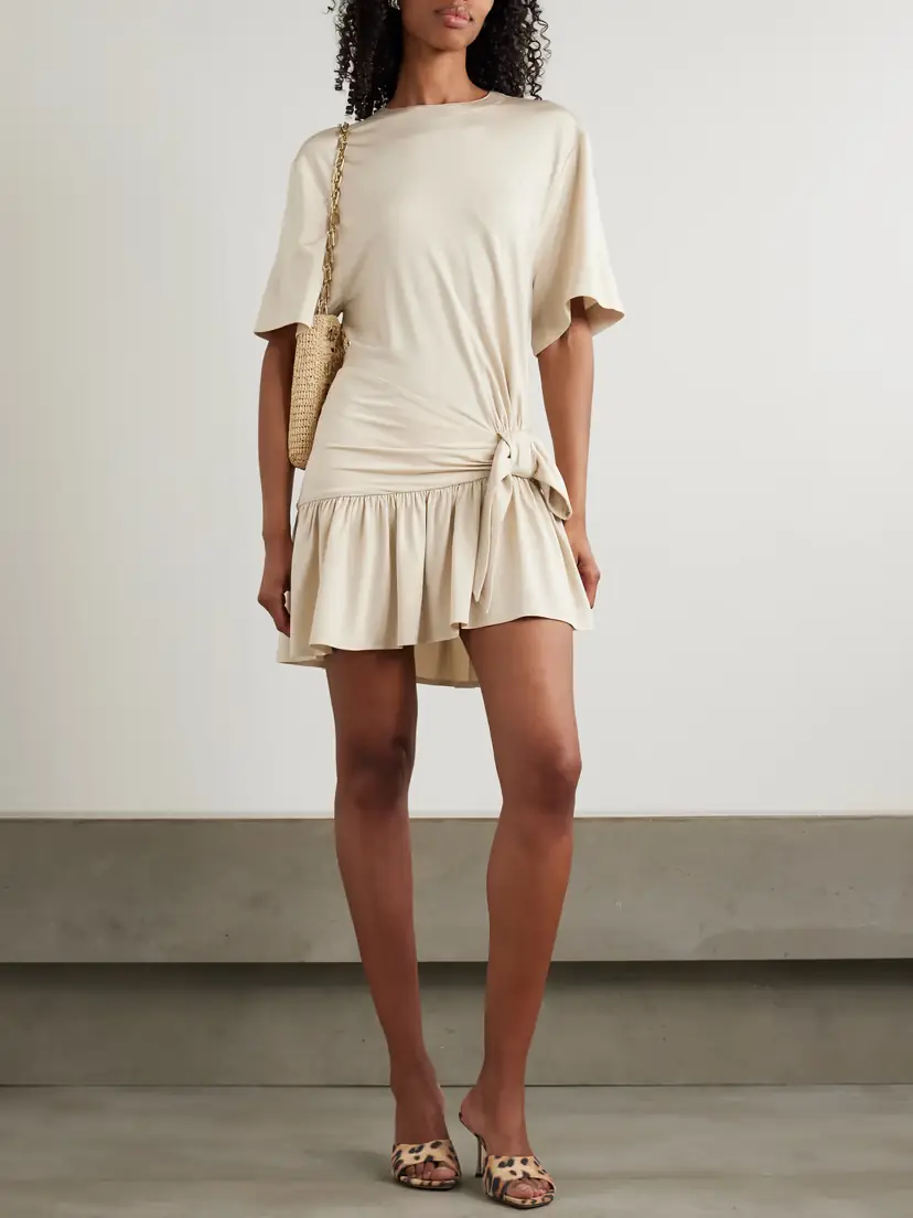 Rabanne Asymmetric Bow-detailed Gathered Satin-jersey Mini Dress | Thumbnail 2 Rabanne Asymmetric Bow-detailed Gathered Satin-jersey Mini Dress | Thumbnail 2