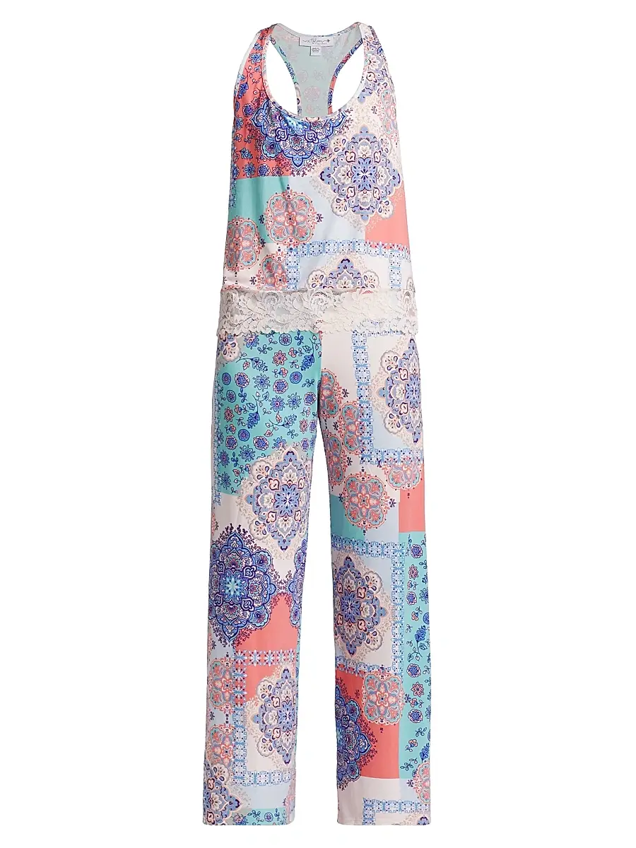 In Bloom Women's Talia Lace-Trimmed Paisley Patchwork Pajamas - Peach | Image 1 In Bloom Women's Talia Lace-Trimmed Paisley Patchwork Pajamas - Peach | Image 1