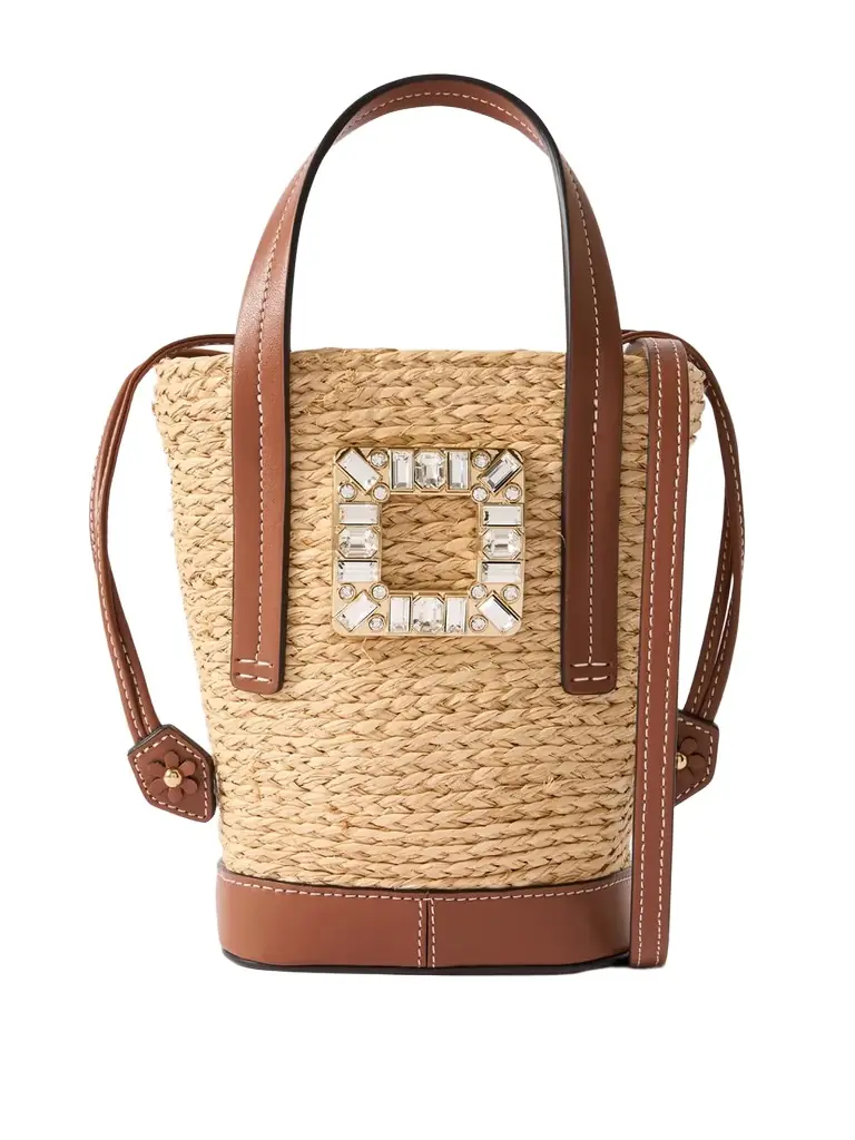 Viv Skate Mini Crystal-embellished Leather-trimmed Raffia Bucket Bag Viv Skate Mini Crystal-embellished Leather-trimmed Raffia Bucket Bag