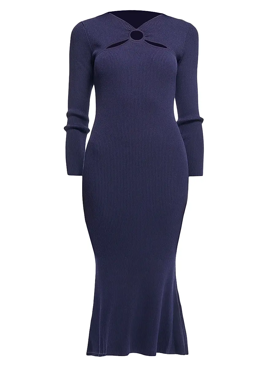 Shoshanna Women's Aston Rib-Knit Cut-Out Crewneck Midi-Dress - Navy | Image 1 Shoshanna Women's Aston Rib-Knit Cut-Out Crewneck Midi-Dress - Navy | Image 1