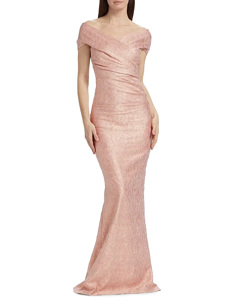 Teri Jon by Rickie Freeman Women's Metallic Jacquard Off-the-Shoulder Gown - Rose Gold | Thumbnail 2 Teri Jon by Rickie Freeman Women's Metallic Jacquard Off-the-Shoulder Gown - Rose Gold | Thumbnail 2