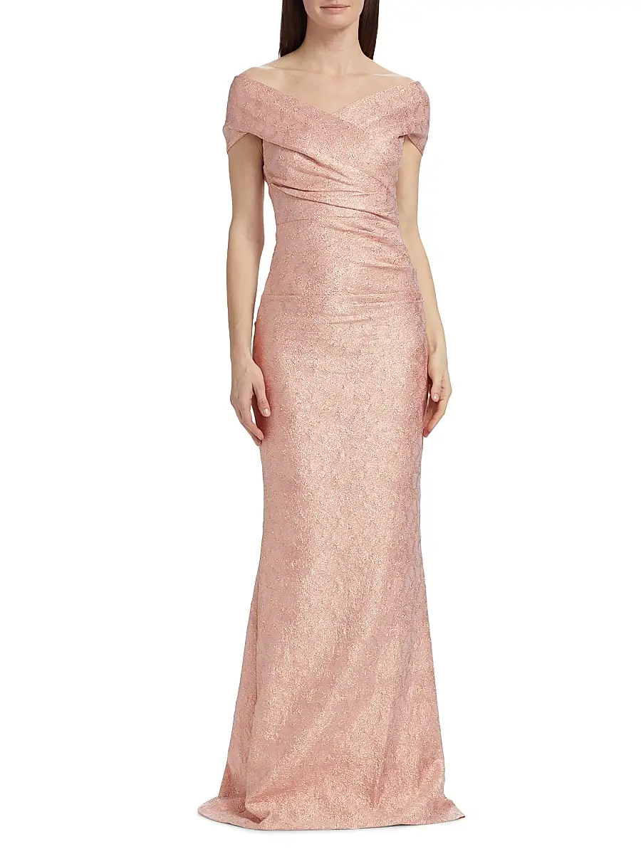 Teri Jon by Rickie Freeman Women's Metallic Jacquard Off-the-Shoulder Gown - Rose Gold | Thumbnail 3 Teri Jon by Rickie Freeman Women's Metallic Jacquard Off-the-Shoulder Gown - Rose Gold | Thumbnail 3