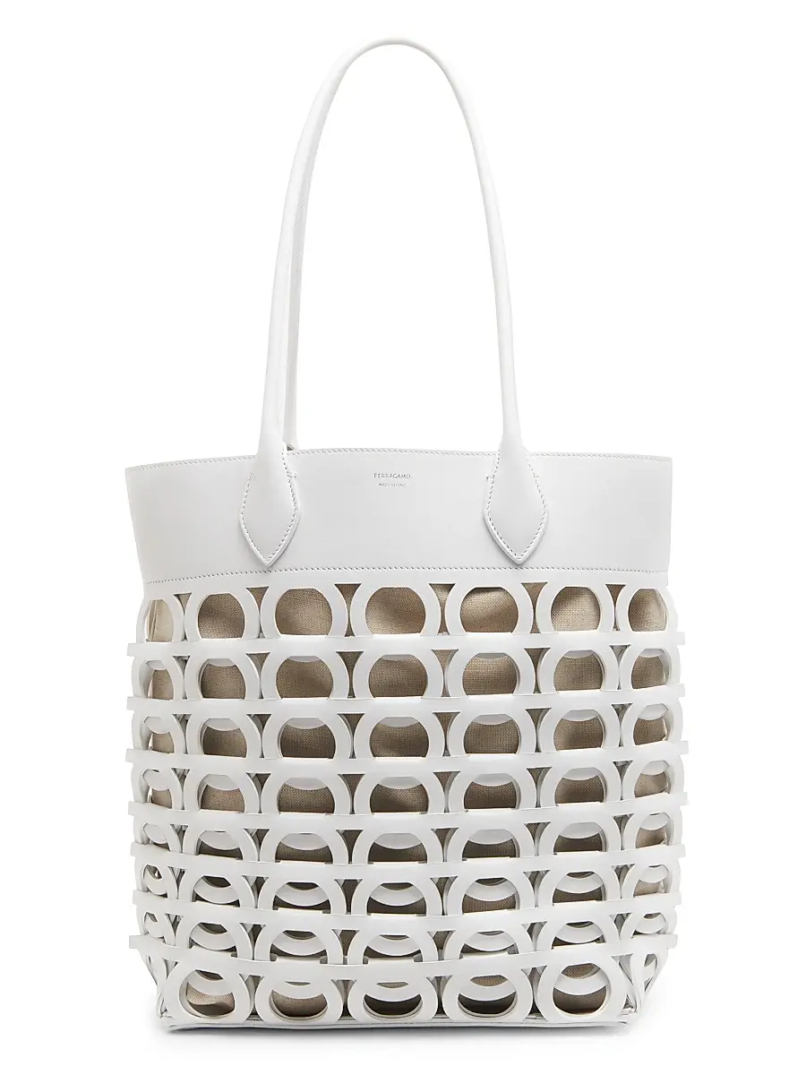 FERRAGAMO Women's Gancini Laser-Cut Leather Tote - Optic White | Image 1 FERRAGAMO Women's Gancini Laser-Cut Leather Tote - Optic White | Image 1