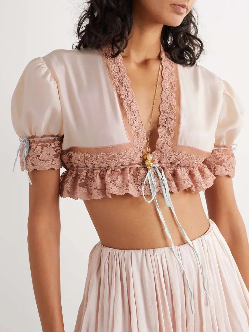 Chloé Cropped Lace-trimmed Silk-satin Top | Thumbnail 3 Chloé Cropped Lace-trimmed Silk-satin Top | Thumbnail 3
