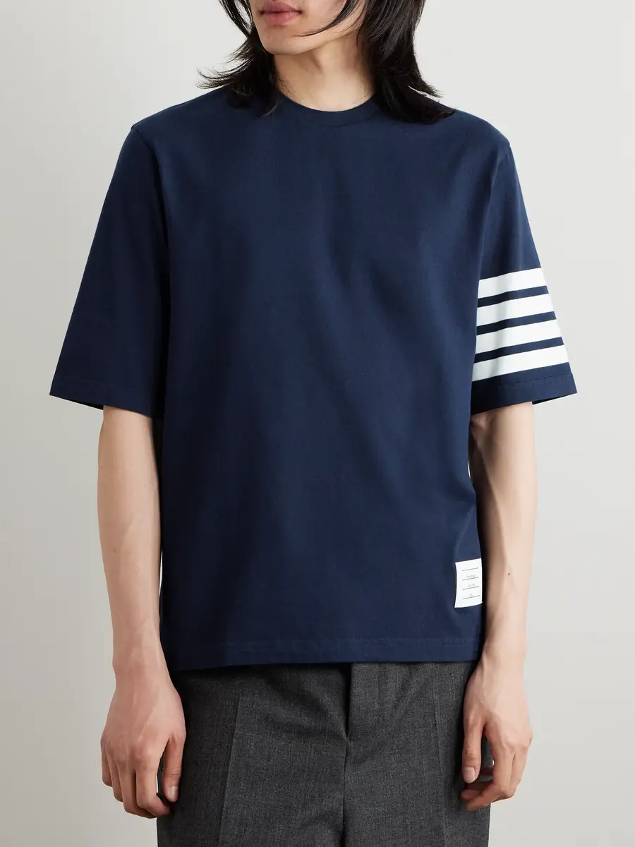 Thom Browne Logo-Appliquéd Striped Cotton-Jersey T-Shirt - Men | Thumbnail 3 Thom Browne Logo-Appliquéd Striped Cotton-Jersey T-Shirt - Men | Thumbnail 3