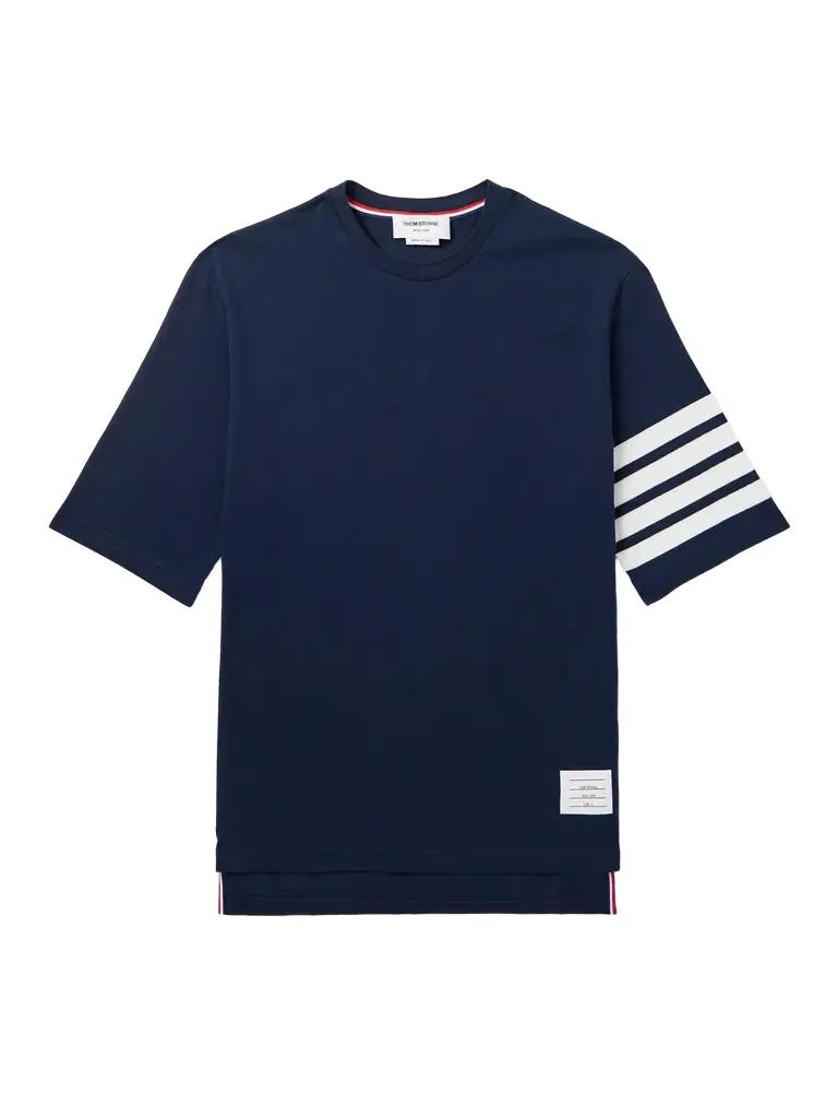 Thom Browne Logo-Appliquéd Striped Cotton-Jersey T-Shirt - Men | Image 1 Thom Browne Logo-Appliquéd Striped Cotton-Jersey T-Shirt - Men | Image 1