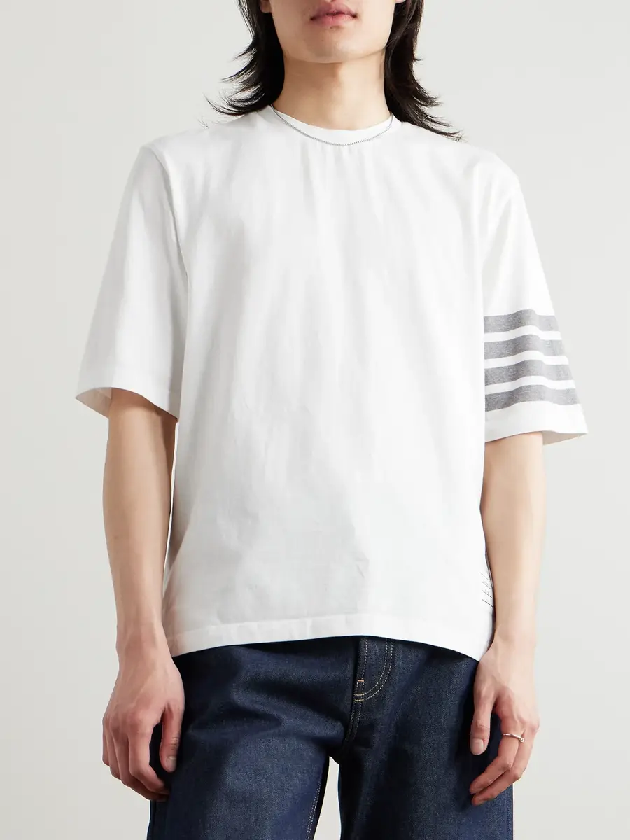 Thom Browne Logo-Appliquéd Striped Cotton-Jersey T-Shirt - Men | Thumbnail 3 Thom Browne Logo-Appliquéd Striped Cotton-Jersey T-Shirt - Men | Thumbnail 3
