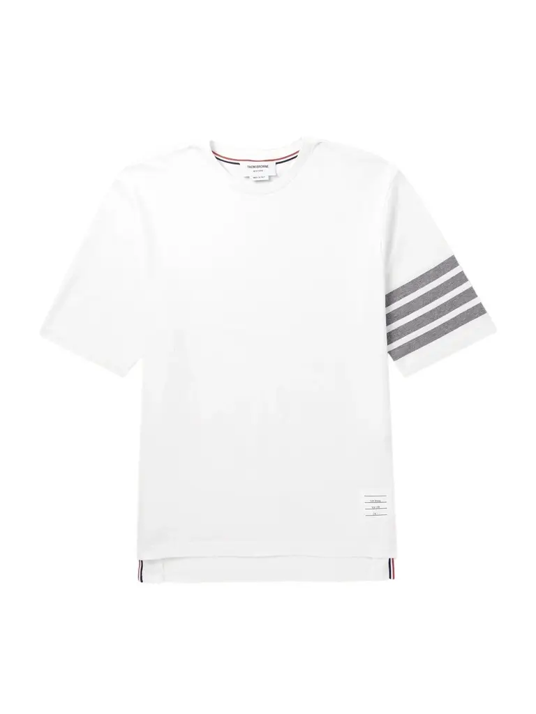 Thom Browne Logo-Appliquéd Striped Cotton-Jersey T-Shirt - Men | Image 1 Thom Browne Logo-Appliquéd Striped Cotton-Jersey T-Shirt - Men | Image 1