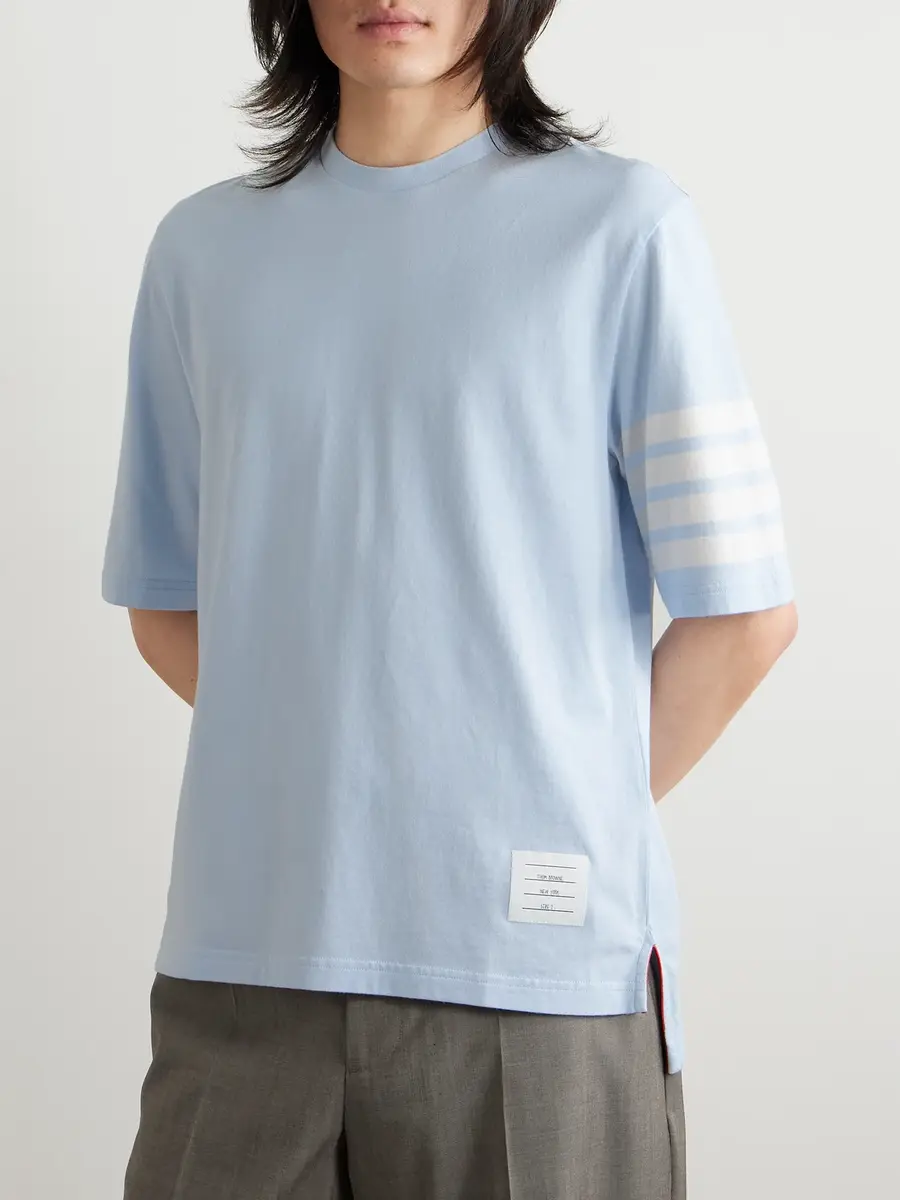 Thom Browne Logo-Appliquéd Striped Cotton-Jersey T-Shirt - Men | Thumbnail 3 Thom Browne Logo-Appliquéd Striped Cotton-Jersey T-Shirt - Men | Thumbnail 3