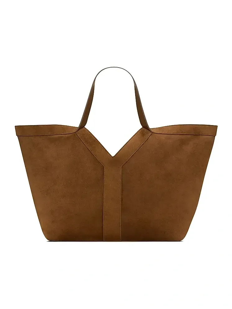 Women's Y Tote Shoulder Bag in Suede - Dark Caramel Cognac