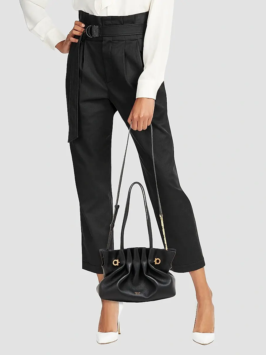 FERRAGAMO Women's Gancio Piercing Gathered Leather Shoulder Bag - Nero | Thumbnail 2 FERRAGAMO Women's Gancio Piercing Gathered Leather Shoulder Bag - Nero | Thumbnail 2