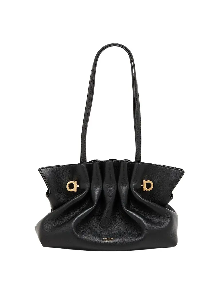 FERRAGAMO Women's Gancio Piercing Gathered Leather Shoulder Bag - Nero | Image 1 FERRAGAMO Women's Gancio Piercing Gathered Leather Shoulder Bag - Nero | Image 1