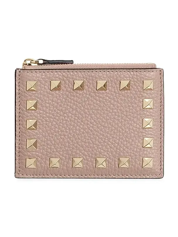 Women's Rockstud Grainy Calfskin Cardholder with Zipper - Poudre Women's Rockstud Grainy Calfskin Cardholder with Zipper - Poudre