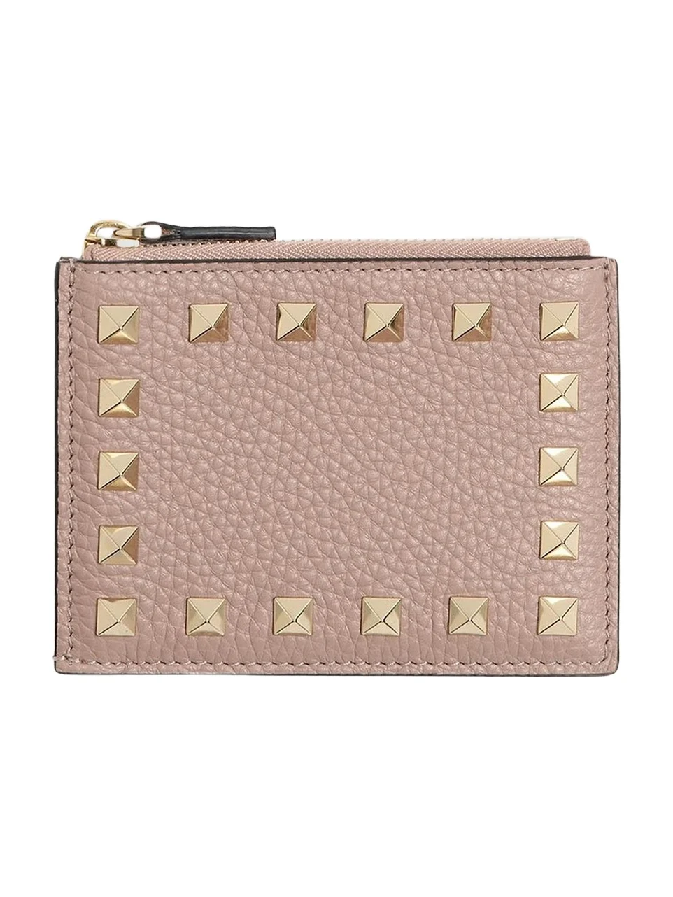 Women's Rockstud Grainy Calfskin Cardholder with Zipper - Poudre Women's Rockstud Grainy Calfskin Cardholder with Zipper - Poudre