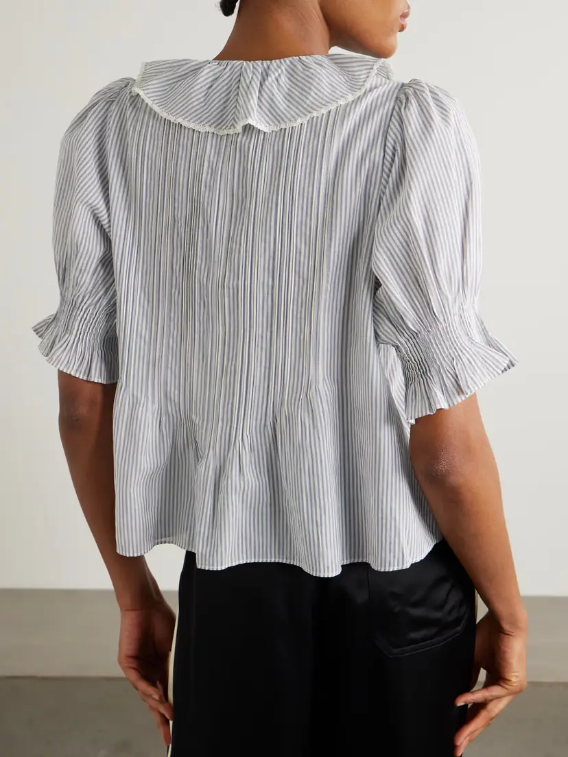 DÔEN Henri Lace-trimmed Ruffled Pintucked Striped Organic Cotton-voile Top | Thumbnail 3 DÔEN Henri Lace-trimmed Ruffled Pintucked Striped Organic Cotton-voile Top | Thumbnail 3