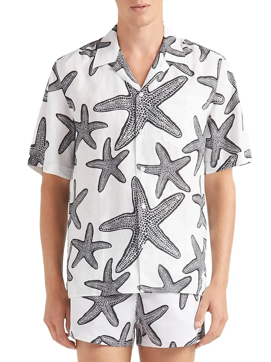 Vilebrequin Men's Starlettes Printed Linen Shirt | Thumbnail 4 Vilebrequin Men's Starlettes Printed Linen Shirt | Thumbnail 4