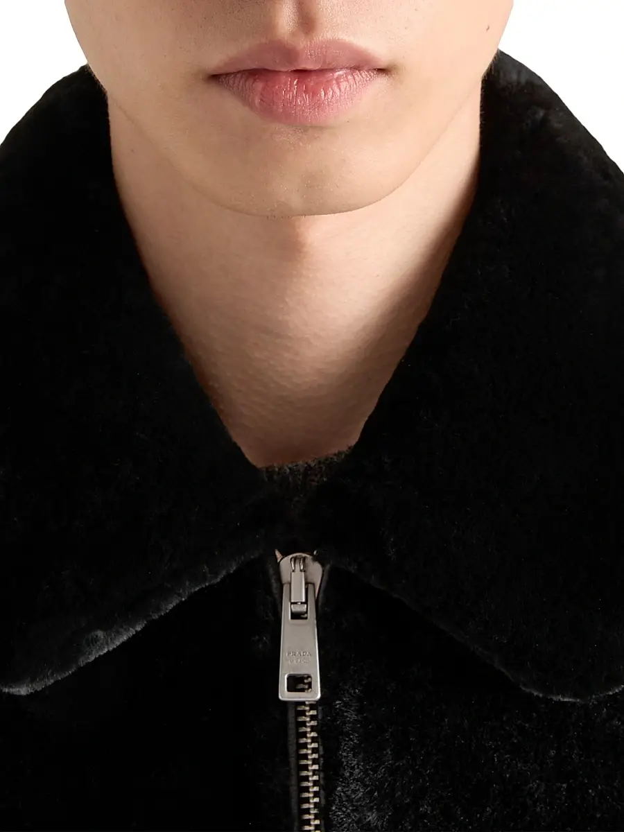 Prada Men's Shearling Bomber Jacket - Black | Thumbnail 4 Prada Men's Shearling Bomber Jacket - Black | Thumbnail 4