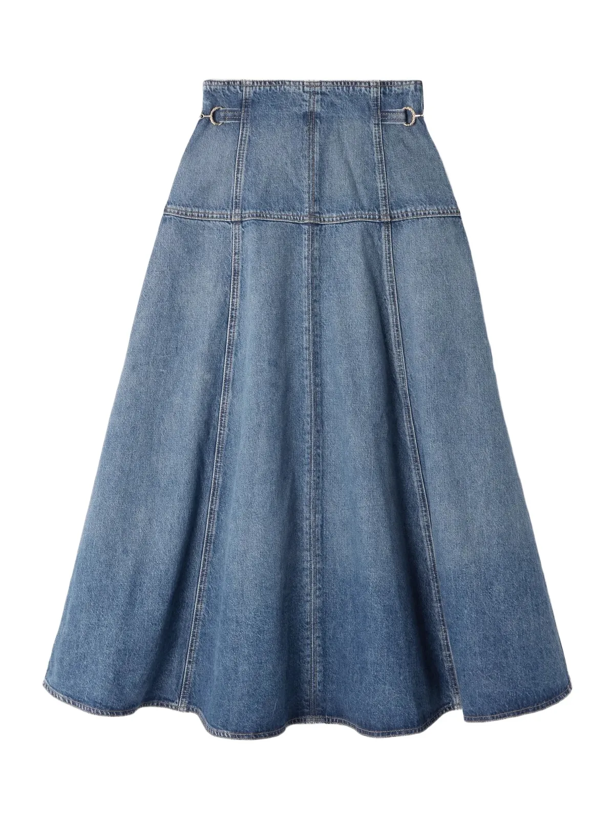 The Brigette Embellished Paneled Denim Midi Skirt The Brigette Embellished Paneled Denim Midi Skirt