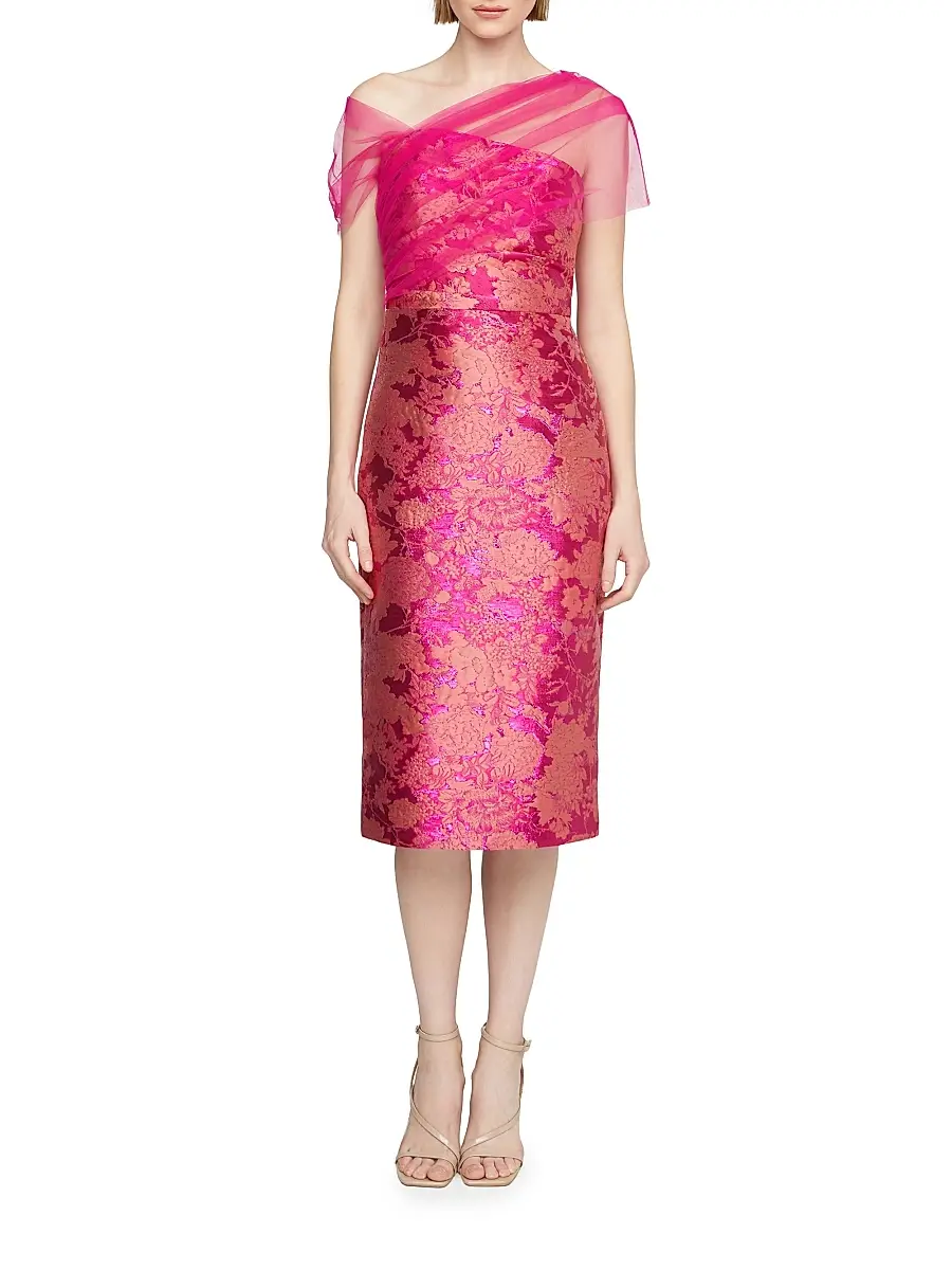 THEIA Women's Judy Brocade Asymmetric Shawl Cocktail Dress