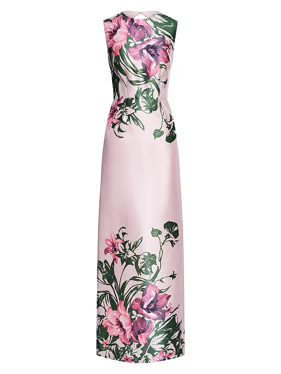 Kay Unger Women's Ayla Lily Satin Column Gown - Pink Pearl Multi | Image 1 Kay Unger Women's Ayla Lily Satin Column Gown - Pink Pearl Multi | Image 1