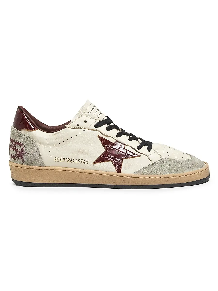 Golden Goose Men's Ball Star Leather & Suede Low-Top Sneakers - Beige Ice Cherry Mahogany | Image 1 Golden Goose Men's Ball Star Leather & Suede Low-Top Sneakers - Beige Ice Cherry Mahogany | Image 1