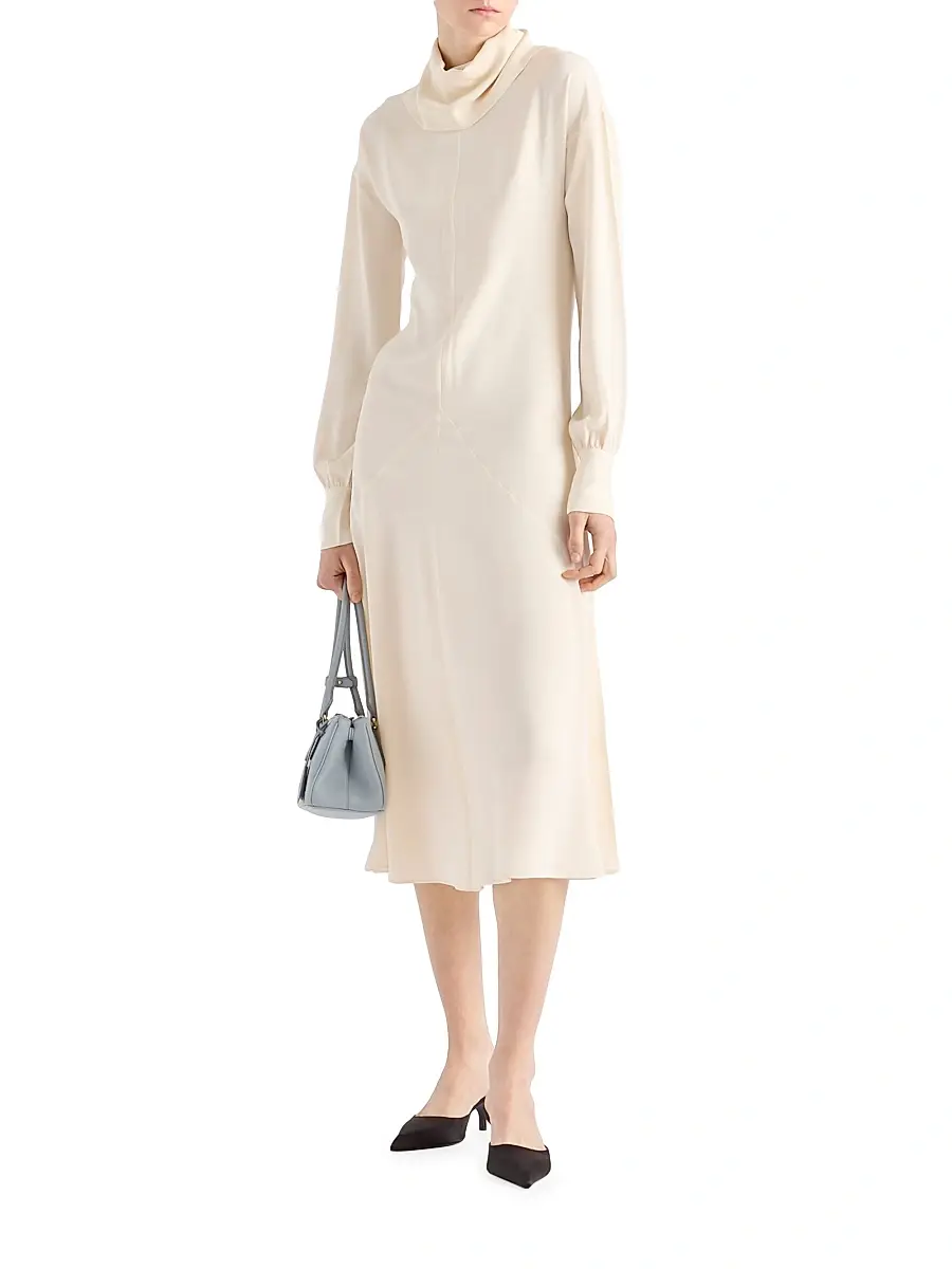 Prada Women's Silk Broadcloth Midi-Dress - Beige Khaki | Thumbnail 2 Prada Women's Silk Broadcloth Midi-Dress - Beige Khaki | Thumbnail 2