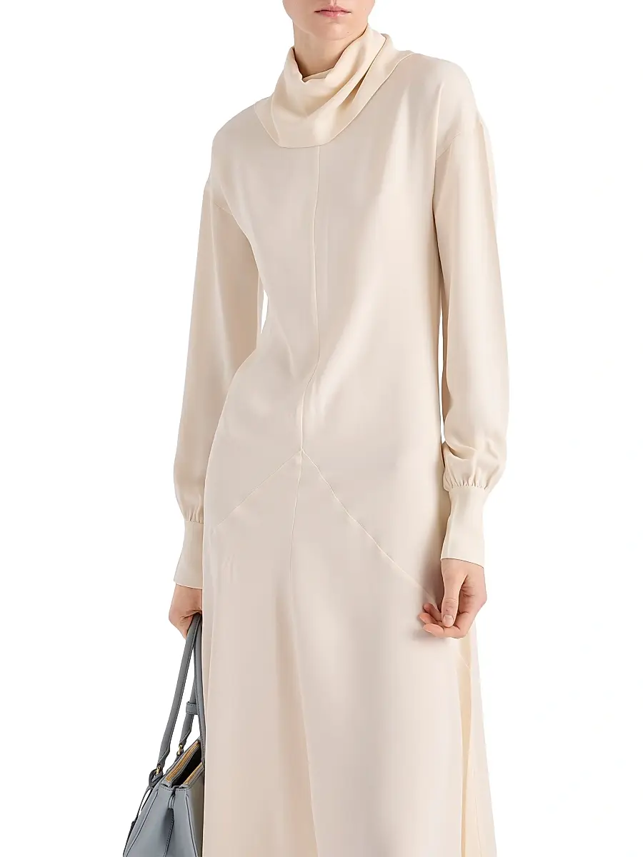 Prada Women's Silk Broadcloth Midi-Dress - Beige Khaki | Thumbnail 4 Prada Women's Silk Broadcloth Midi-Dress - Beige Khaki | Thumbnail 4