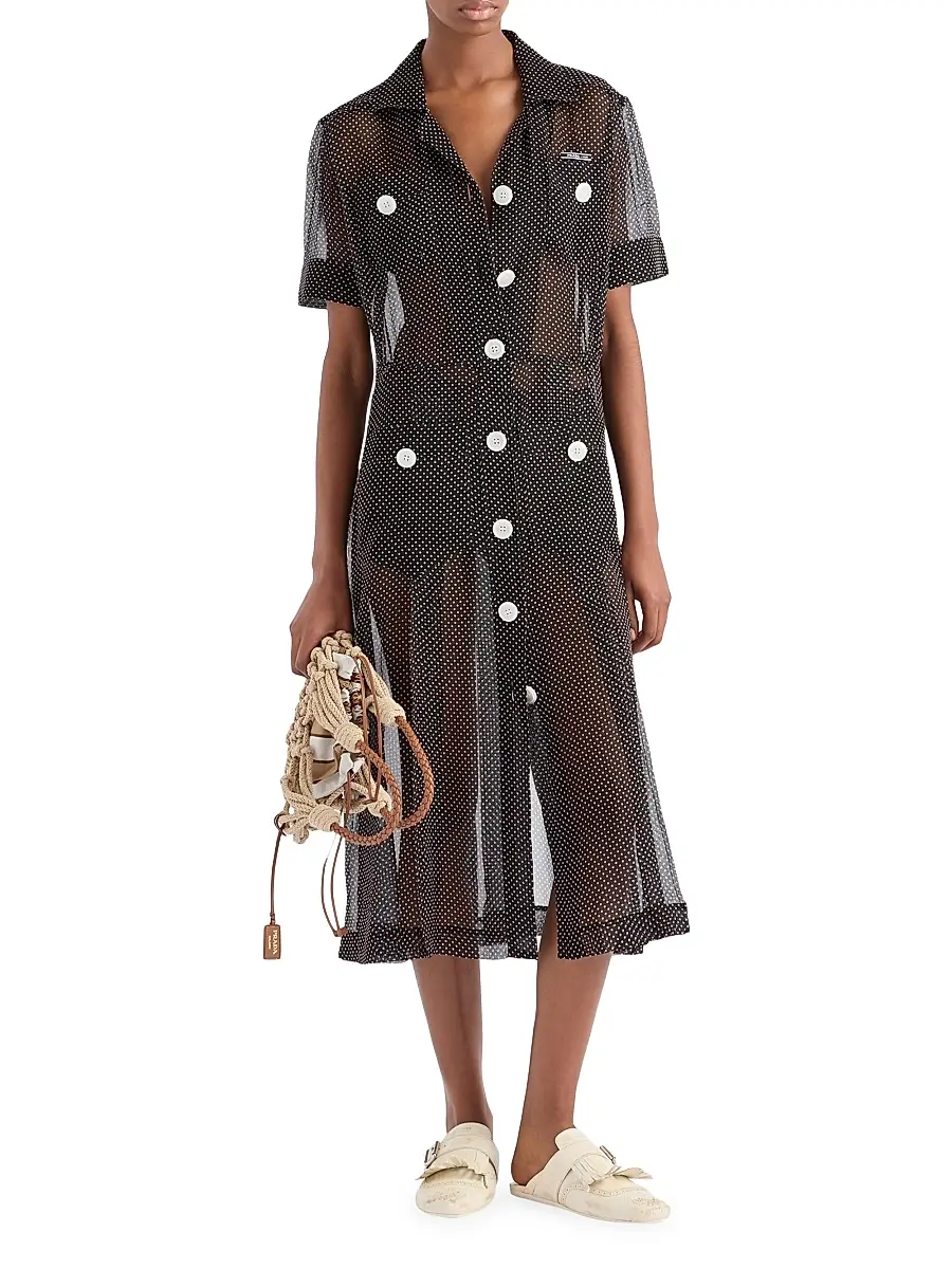 Prada Women's Polka-Dot Silk Chiffon Shirt Dress - Black | Thumbnail 2