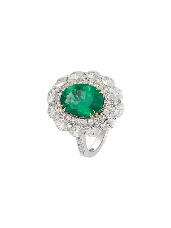 Wish Fine Jewelry 6.03ct Diamond Emerald 18K Gold Sunburst Ring
