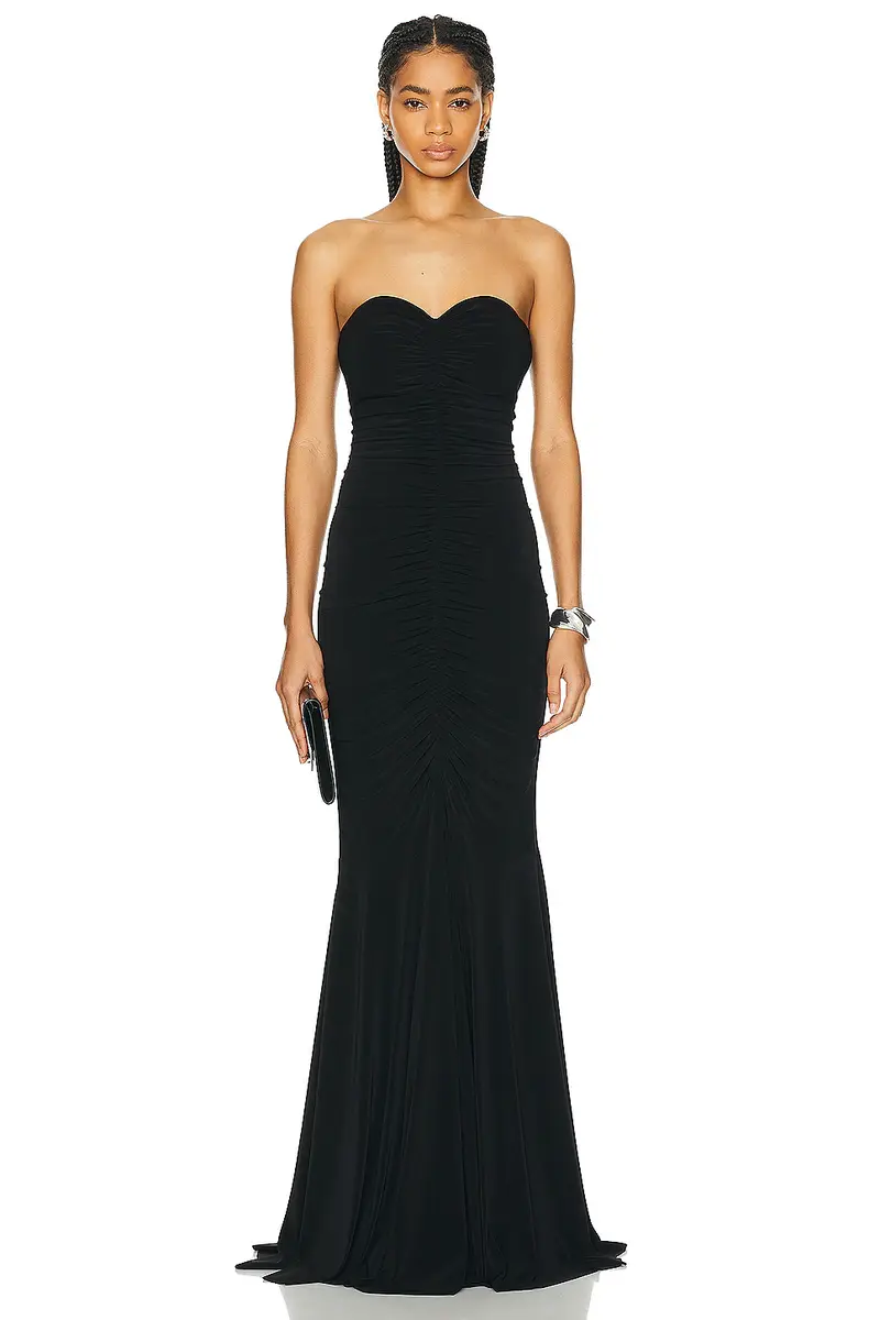 Norma Kamali Strapless Shirred Front Fishtail Gown | Image 1 Norma Kamali Strapless Shirred Front Fishtail Gown | Image 1