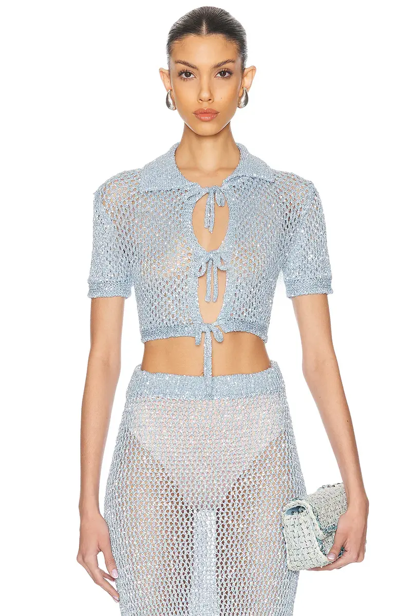 AREA Sequin Crochet Short Sleeved Cardigan | Image 1 AREA Sequin Crochet Short Sleeved Cardigan | Image 1