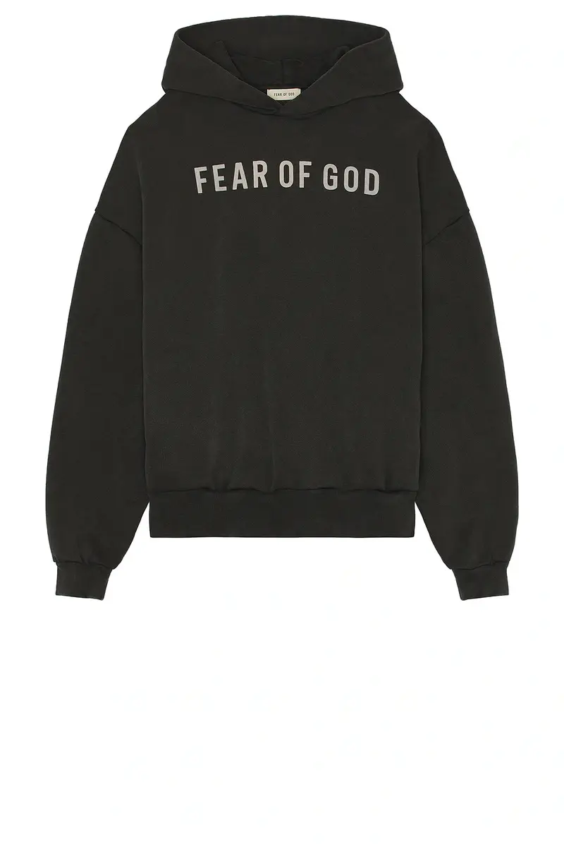 Fear of God French Terry Overlapped Grey Print Logo Hoodie | Image 1 Fear of God French Terry Overlapped Grey Print Logo Hoodie | Image 1