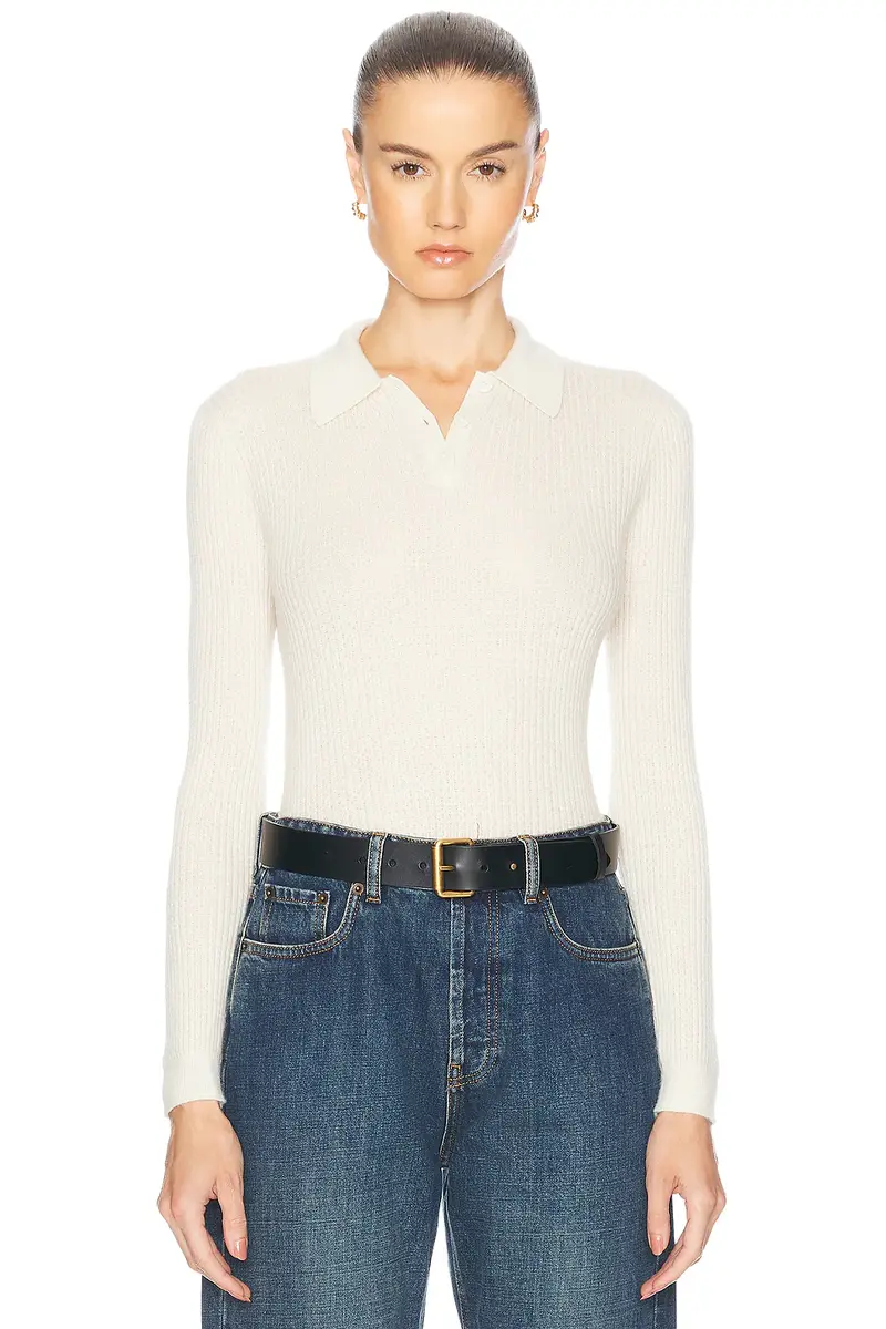 Guest In Residence Long Sleeve Cashmere Shrunken Polo Top | Image 1 Guest In Residence Long Sleeve Cashmere Shrunken Polo Top | Image 1