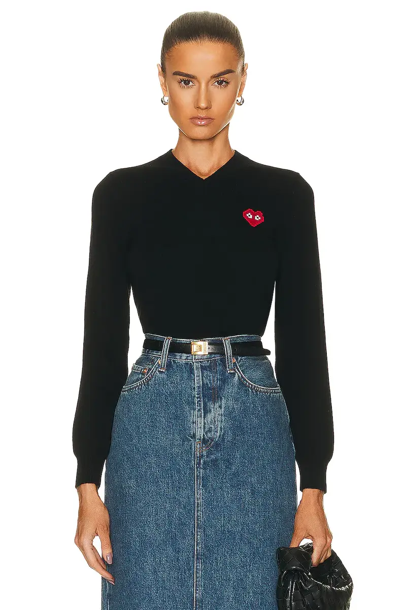 Comme des Garçons PLAY Invader V-Neck Pullover Sweater | Image 1 Comme des Garçons PLAY Invader V-Neck Pullover Sweater | Image 1