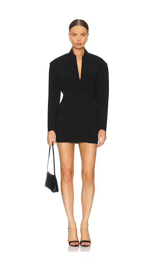 Norma Kamali Oversized Long Sleeve Shoulder Pad Front Zip Mini Dress | Image 1 Norma Kamali Oversized Long Sleeve Shoulder Pad Front Zip Mini Dress | Image 1