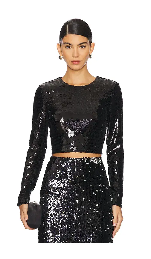 L'Agence Rogan Crop Sequin Long Sleeve Top