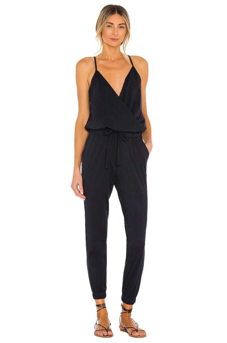 Bobi Supreme Jersey Tied Waist V Neck Jumpsuit