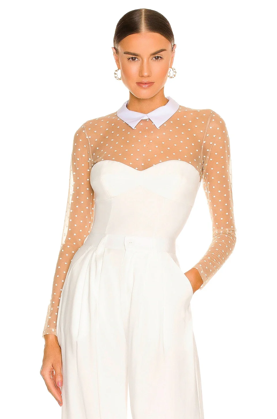 Fleur du Mal Collared Bodysuit With Dotted Tulle
