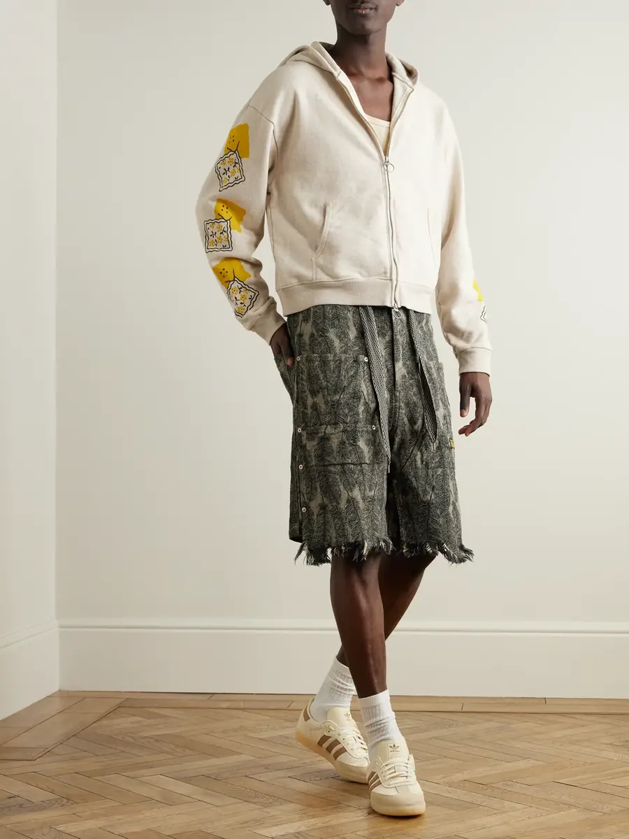 KAPITAL Magpie Straight-Leg Distressed Cotton-Jacquard Drawstring Shorts - Men | Thumbnail 2 KAPITAL Magpie Straight-Leg Distressed Cotton-Jacquard Drawstring Shorts - Men | Thumbnail 2