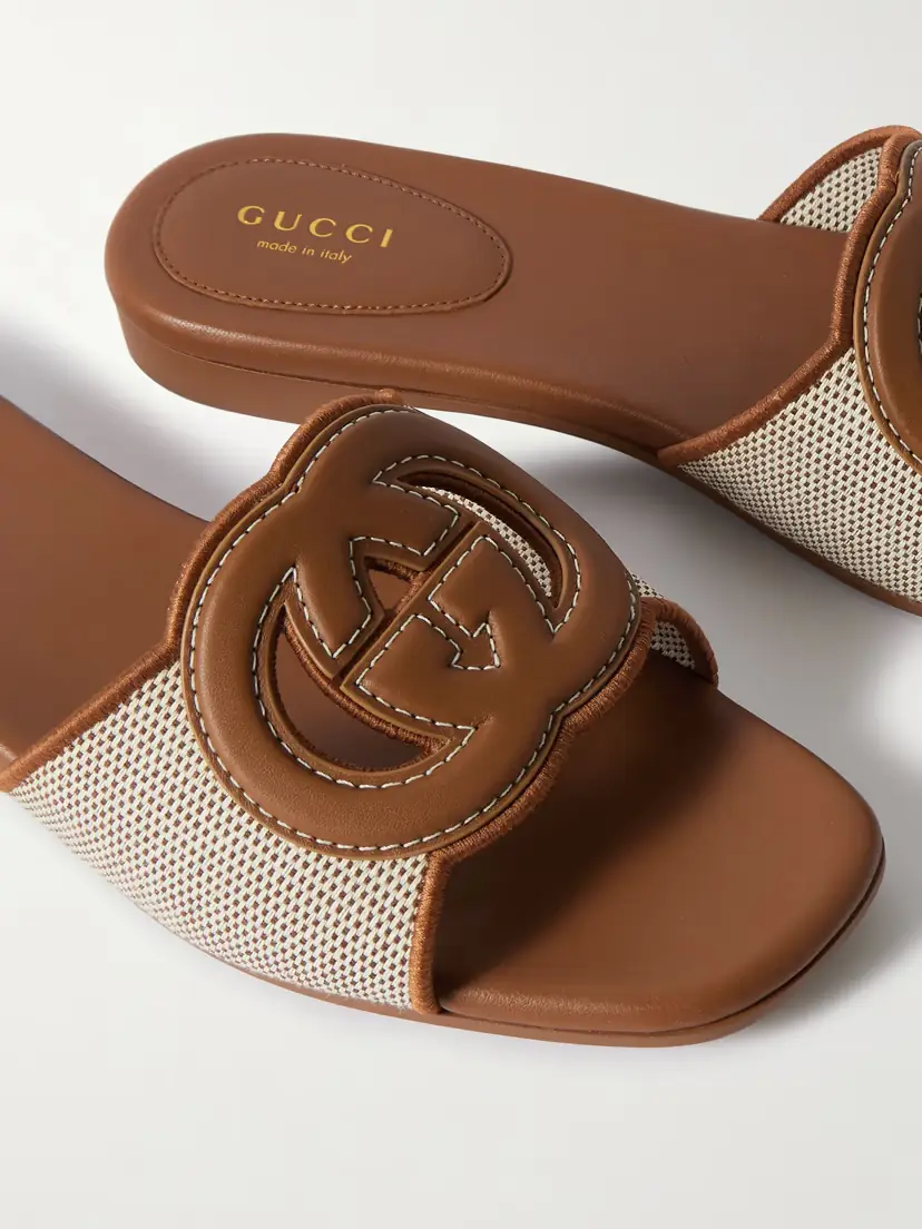 Gucci Canvas-trimmed Leather Slides | Thumbnail 4 Gucci Canvas-trimmed Leather Slides | Thumbnail 4